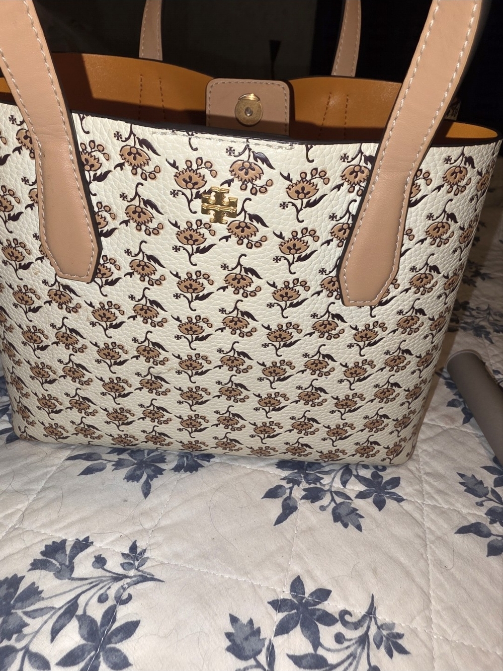 Tory Burch Cream Floral Canvas Tote with Tan Leather Handles